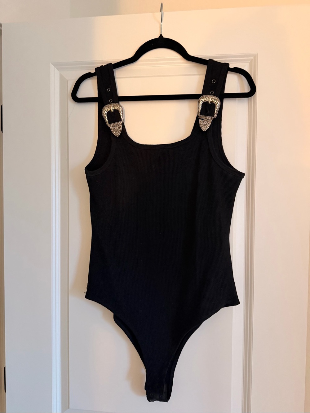 Black western One-Piece Bodysuit with Decorative Buckles